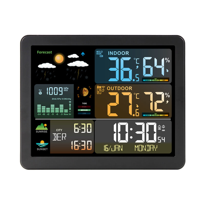 Station météo intelligente FJ3566M avec horloge, compteur de température et d'humidité intérieure et extérieure, horloge météo multifonctionnelle à gr