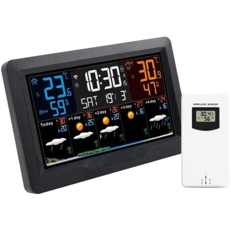QIYAO Station Météo Intérieur Extérieur Sans Fil - Connectée WIFI avec Prévisions 5 Jours, Écran 4 Luminosités Réglables, Capteur Temps Thermomètre Hygromètre,Réveils