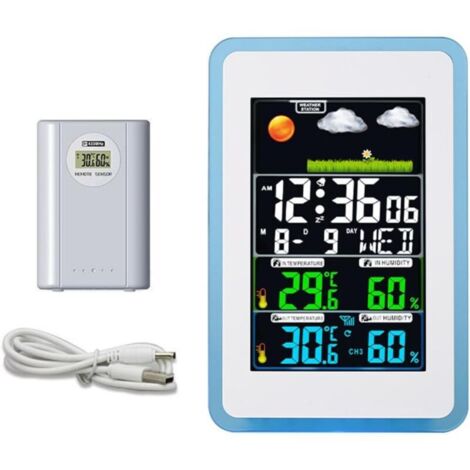 Station Meteo Interieur Exterieur Sans Fil,Station Météo Sans Fil,Thermomètre Hygromètre Baromètre Intérieure Extérieure avec Capteur LED Ecran Rétro-éclairage Horloge 10 Fonctions en Une