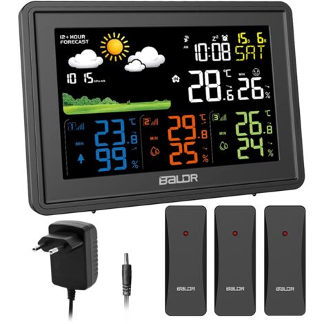Station météo intérieure et extérieure, affichage de la température et de l'humidité avec 3 capteurs sans fil, avec affichage couleur DCF, radio-réveil météo pour salon, abri de jardin (noir)