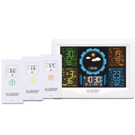 Station météo intérieure et extérieure – Alimentation secteur ou piles – 3 capteurs inclus – Écran LCD coloré – Température -40°C à 70°C - WS6304WHI