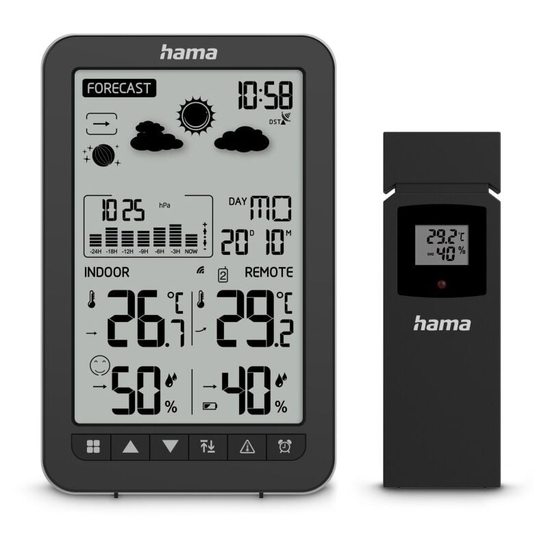 Station météo ''ko samui'', avec sonde extérieure, radio, réveil, noir Hama
