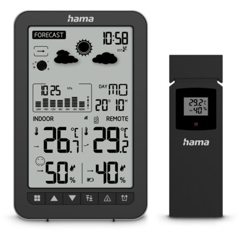 STATION MÉTÉO ''KO SAMUI'', AVEC SONDE EXTÉRIEURE, RADIO, RÉVEIL, NOIR HAMA