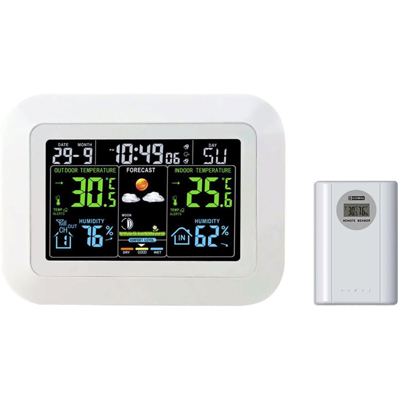 Lifcausal - Station météo multifonctionnelle pour la maison/le bureau, affichage numérique couleur, horloge, testeur de température extérieure et