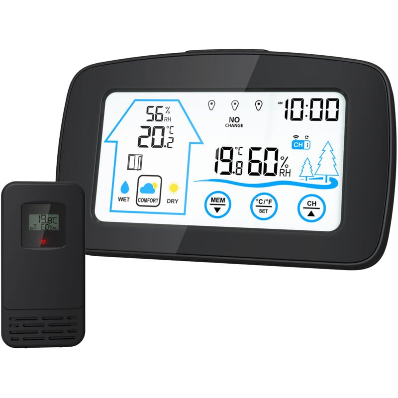 Station météo numérique à écran tactile rétroéclairé, compteur intelligent de température et d'humidité, horloge météo, avec détection de température