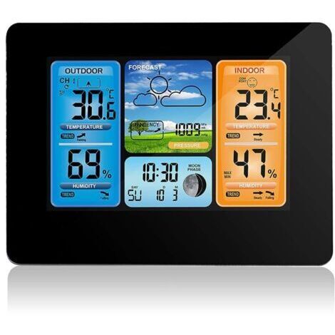Station Météo Numérique de Prévision de Couleur, Horloge Météo avec Capteur Extérieur avec Capteur Extérieur avec Alerte, Température, Humidité(Noir)