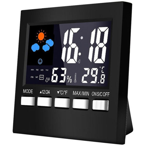 LIFCAUSAL Station météo numérique LCD thermomètre hygromètre température domestique humidité mètre Snooze réveil heure dates prévisions météo rétroéclairage (pas de batterie), noir