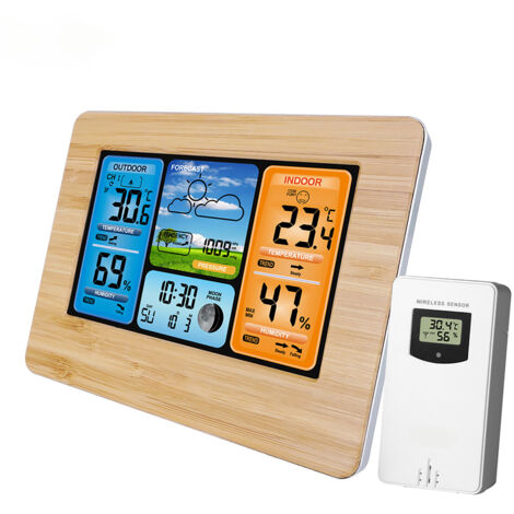 Station météo numérique multifonction avec écran LCD, alarme, baromètre, thermomètre et hygromètre, pour l'intérieur et l'extérieur, avec capteur extérieur sans fil et câble d'alimentation USB.