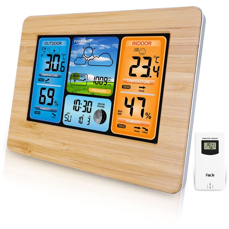 Station météo numérique sans Fil avec capteur extérieur, thermomètre intérieur et extérieur avec Temps, température, humidité, baromètre, réveil