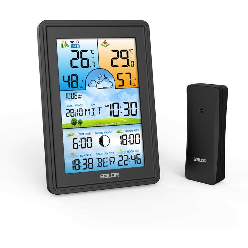 Station météo numérique sans Fil avec Rétroéclairage Couleur, Affichage de Température, Humidité, Heure, Baromètre et phases de lune