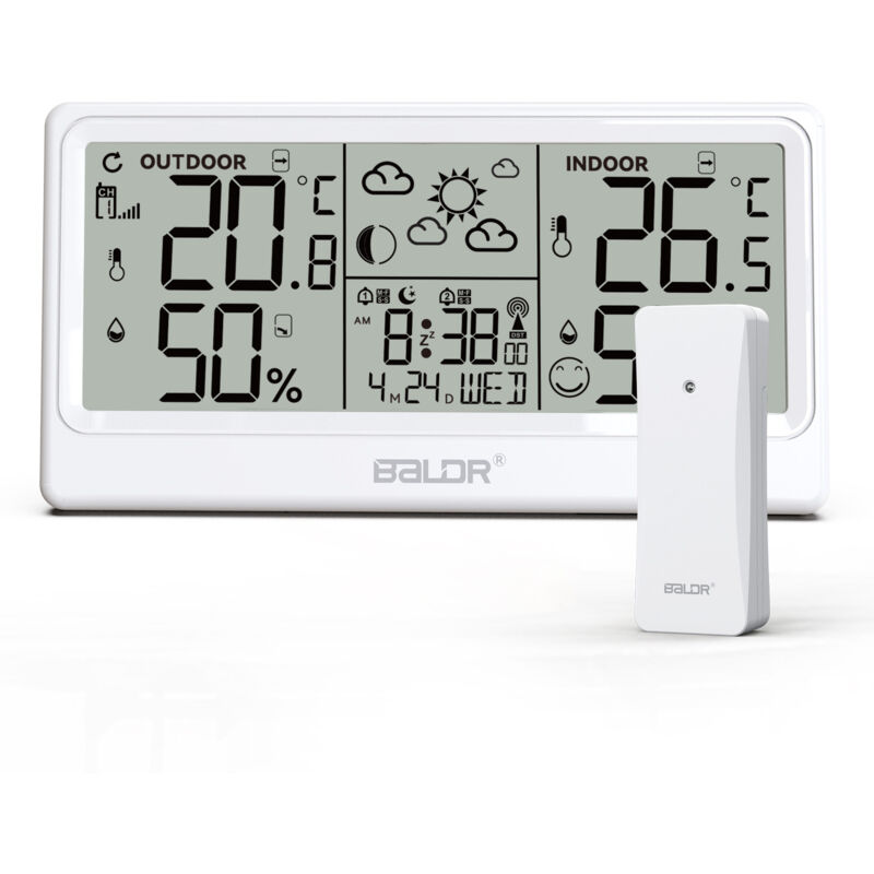 Station météo radio avec capteur extérieur DCF, horloge radio-pilotée, thermomètre numérique, hygromètre, à piles, pour l'intérieur et l'extérieur,