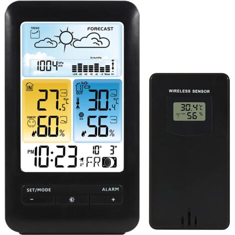 Station météo, réveil numérique sans fil avec écran LCD couleur, thermomètre de température intérieure et extérieure, affichage couleur et port de chargement USB, prévisions météorologiques pour la