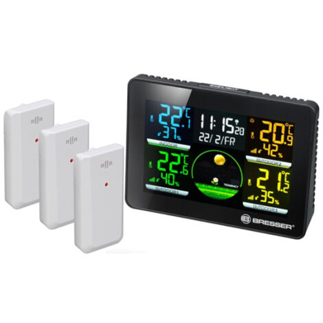 Station météo sans fil – Affichage couleur structuré – 4 mesures température et humidité – Protection contre les moisissures – Alarme réveil – Bresser