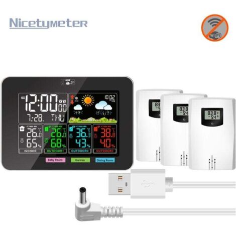 Station Météo Sans Fil avec 3 Capteurs, Thermomètre Hygromètre Intérieur/Extérieur, Écran LCD Couleur, Horloge Calendrier et Prévisions Météo Ortviai
