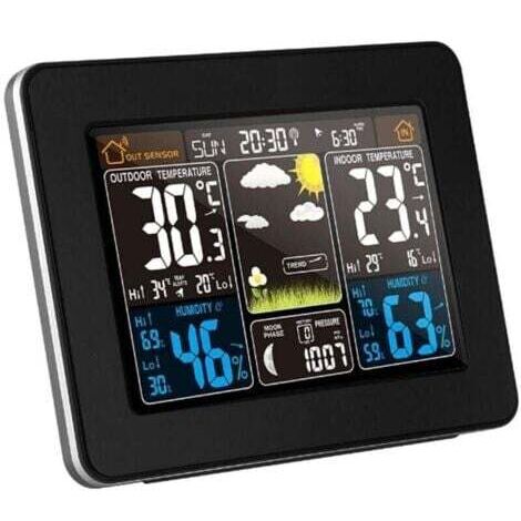 Station météo sans Fil avec Alerte et la température/humidité/baromètre/Alarme/Horloge Lunaire/météo avec capteur extérieur numérique à Affichage des Couleurs