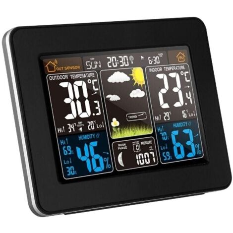 Station météo sans Fil avec Alerte et la température/humidité/baromètre/Alarme/Horloge Lunaire/météo avec capteur extérieur numérique à Affichage des Couleurs PT3365