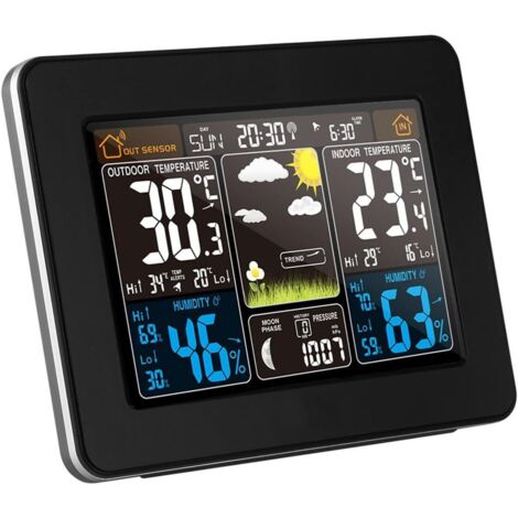 Station météo sans Fil avec Alerte et la température/humidité/baromètre/Alarme/Horloge Lunaire/météo avec capteur extérieur numérique à Affichage des Couleurs PT3365