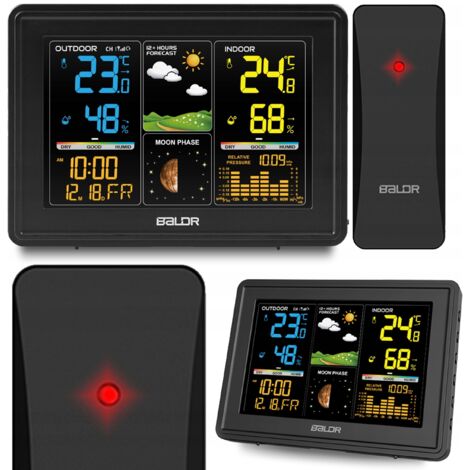 Station météo sans fil avec Capteur Extérieur, Affichage couleur de Température/Humidité Int & Ext, Phase de lune, Date - Noir