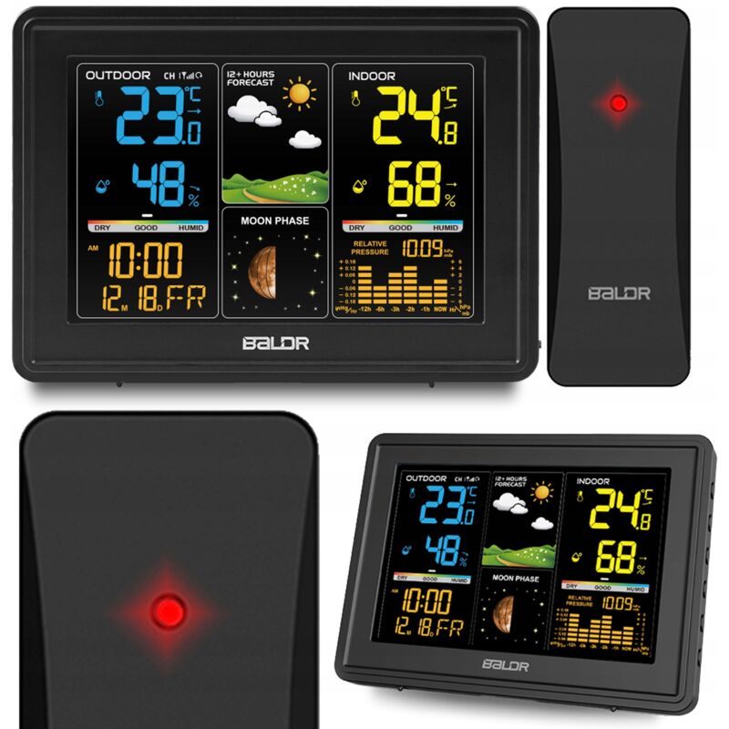 Station météo sans fil avec Capteur Extérieur, Affichage couleur de Température/Humidité Int & Ext, Phase de lune, Date - Noir