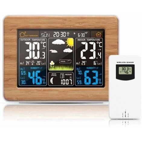 Station météo sans Fil avec capteur extérieur – avec Heure, Date, température, humidité, baromètre, Alarme, Affichage des Phases de Lune, thermomètre Multifonction (Noir)