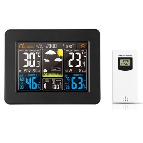Station météo sans Fil avec capteur extérieur Thermomètre Hygromètre Baromètre Phase de la Lune Écran LCD Coloré -noir