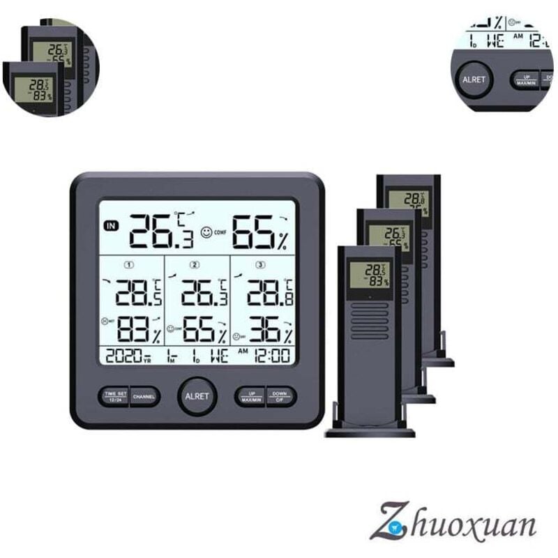 Station météo sans fil avec heure, calendrier, jour de la semaine, humidité intérieure/extérieure, température, tendances de la température et de