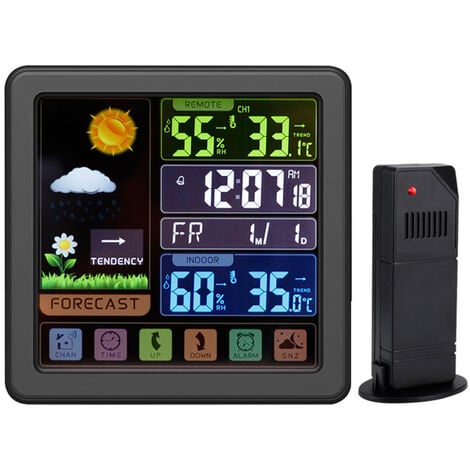 Station météo Sans Fil Couleur avec écran Tactile Complet, Horloge météo Multifonction sans Fil, Verrouillage de l'écran Enfant et Interface USB et écran LCD Couleur(Noir)