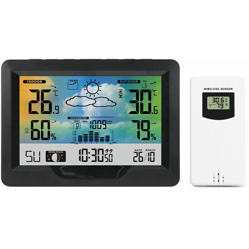 Station météo sans fil avec écran couleur pour intérieur et extérieur avec capteur extérieur Jauge numérique de température et d'humidité avec réveil