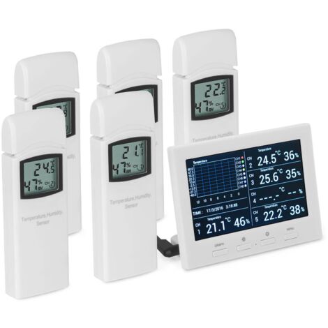 Station Météo Sans Fil Écran LCD Thermomètre Hygromètre Intérieur ≤8 Capteurs - Blanc