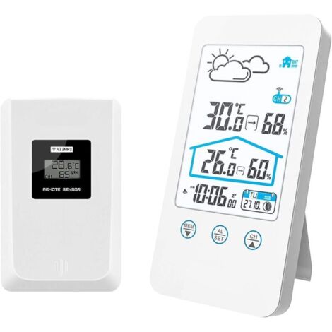 Station météo sans fil Flyland, thermomètre numérique d'intérieur sans fil, baromètre d'humidité, station météo, horloge avec capteur extérieur (blanc)