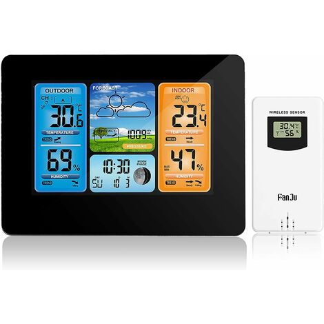 Station météo sans Fil Horloge de météo colorée numérique avec capteur extérieur Thermomètre extérieur intérieur avec Date Température Humidité Baromètre Alarme Phase de la Lune Horloge météo
