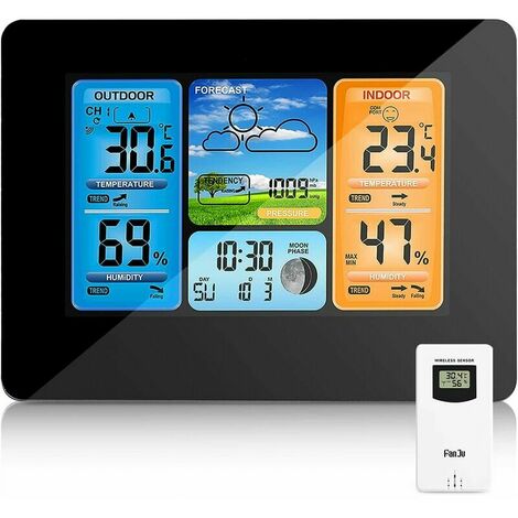 Station météo sans Fil Horloge de météo ,colorée numérique avec capteur extérieur ,Thermomètre extérieur intérieur avec Date Température Humidité Baromètre Alarme Phase de la Lune Horloge météo（noir）