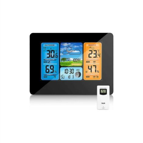 Station météo sans Fil Horloge de météo ,colorée numérique avec capteur extérieur ,Thermomètre extérieur intérieur avec Date Température Humidité Baromètre Alarme Phase de la Lune Horloge météo（noir）