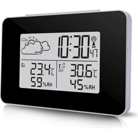 Station Météo sans Fil, Horloge Météo Multifonctionnelle Numérique avec Météo Extérieure/Température/Humidité/Rétro-éclairage/Alarme Roupillon Une Fonction (Noir)