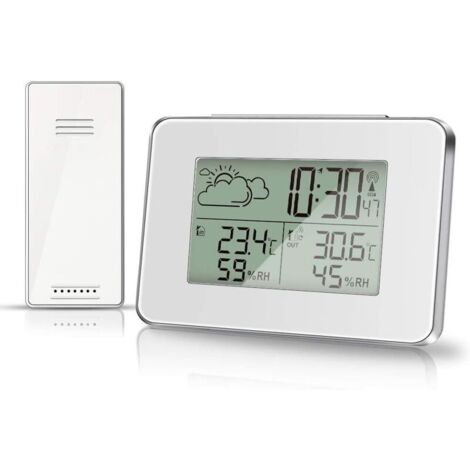 Station météo sans Fil hygromètre pour thermomètre extérieur intérieur avec capteur extérieur Écran LCD Moniteur d'humidité numérique de la température avec rétroéclairage (Blanc)