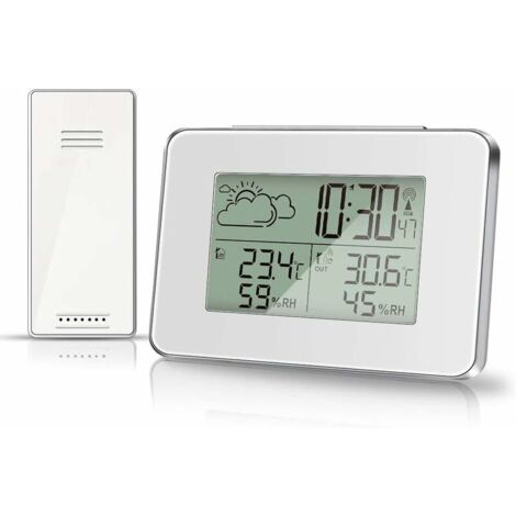 Station météo sans Fil hygromètre pour thermomètre extérieur intérieur avec capteur extérieur Écran LCD Moniteur d'humidité numérique de la température avec rétroéclairage (Blanc)