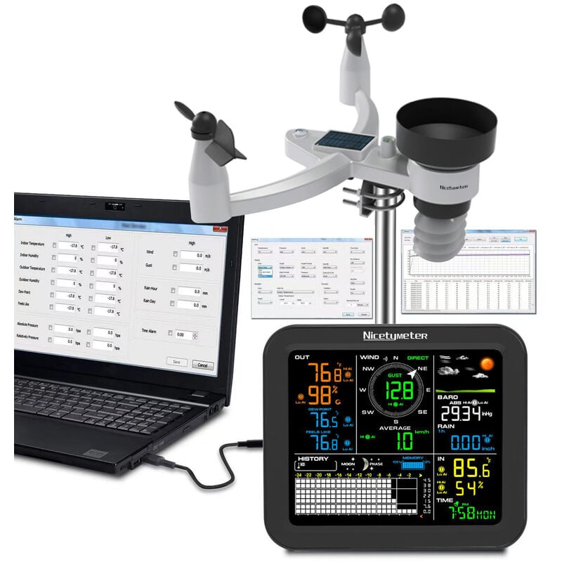 Station meteo sans fil interieure et exterieure 5 en 1, temperature et humidite, vitesse et direction du vent, precipitations, avec affichage