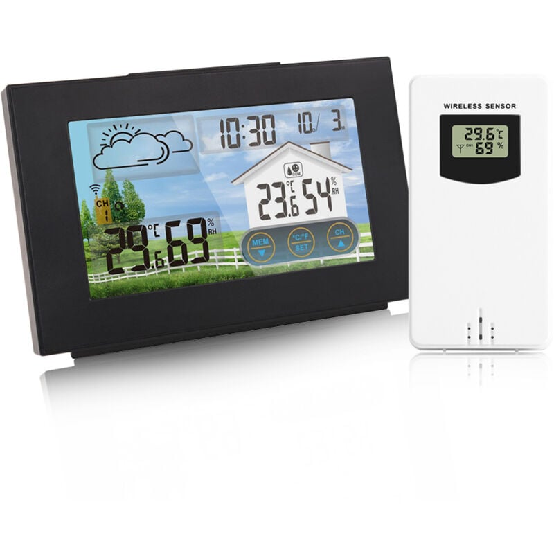 Station météo sans fil, prévisionniste, thermomètre et hygromètre intérieur et extérieur avec capteur, écran tactile couleur, réveil, calendrier avec