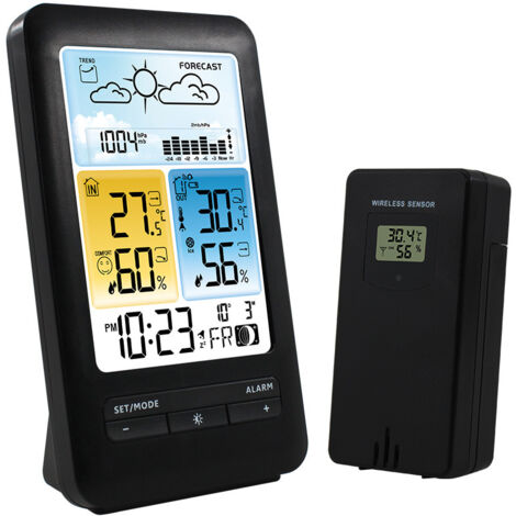 Station météo sans fil, prévisions météo avec symboles, pression atmosphérique avec graphique, phase de lune, horloge, valeurs max et min, en exclusivité sur Amazon, noir