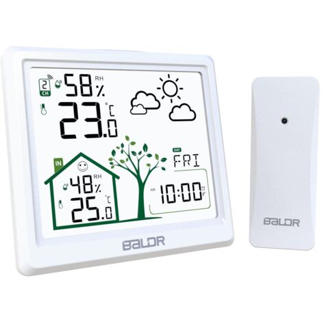 Station météo sans Fil, Thermomètre Hygromètre Baromètre Intérieure Extérieure avec Capteur LED Ecran Rétro-éclairage Horloge Numérique Alarme et Snooze Affichage Heure Date Jour Blanc