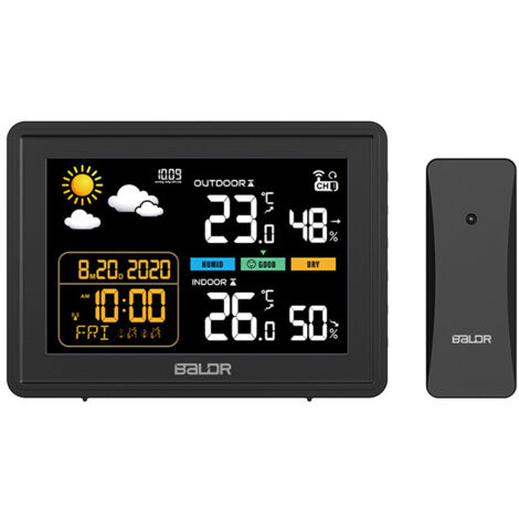 Station météo sans Fil, Thermomètre Hygromètre Baromètre Intérieure Extérieure avec Capteur LED RCC/DCF Ecran Rétro-éclairage Horloge Numérique Alarme Noir