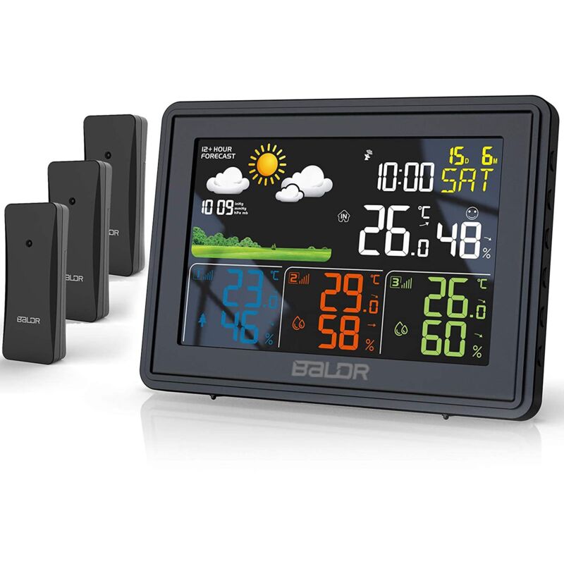Station météo sans Fil, Thermomètre Hygromètre Baromètre Intérieure Extérieure avec Capteur LED RCC/DCF Ecran Rétro-éclairage Horloge Numérique