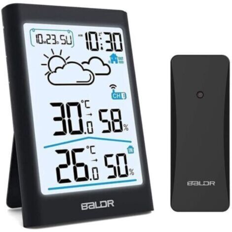 Station météo sans Fil, Thermomètre Hygromètre Baromètre Intérieure Extérieure Horloge Numérique Alarme et Affichage Heure Date Jour Noir