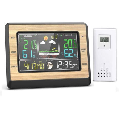 Station météo sans fil Thermomètre intérieur extérieur écran couleur 6 pouces numérique avec prévision température humidité heure date affichage phase de lune alarme capteur de rétroéclairage réglable