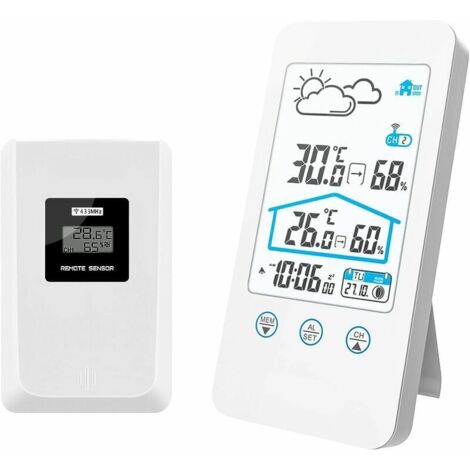 Station météo sans Fil, Thermomètre numérique intérieur sans Fil pour intérieur Baromètre d'humidité Horloge de Station météo avec capteur extérieur (Blanc)