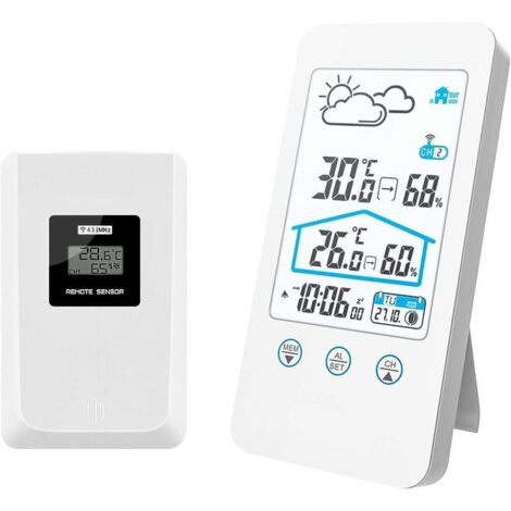 Station météo sans Fil, Thermomètre numérique intérieur sans Fil pour intérieur Baromètre d'humidité Horloge de Station météo avec capteur extérieur (Blanc)