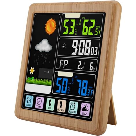Station Météo sans Fil TS-3310 Thermomètre Intérieur Extérieur sans Fil à écran Tactile Complet avec Capteur, Station de Prévision électrique à écran LCD avec Horloge Intelligente(en Bois)