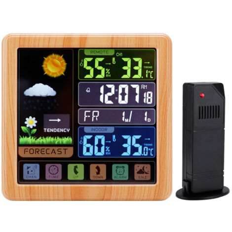Station Météo sans Fil,Station Météo avec LCD Écran Couleur Thermomètre Hygromètre Intérieur Extérieur avec Capteur Extérieur, Réveil Snooze（couleur grain de bois）