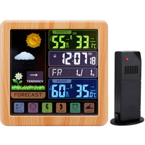Station Météo sans Fil,Station Météo avec LCD Écran Couleur Thermomètre Hygromètre Intérieur Extérieur avec Capteur Extérieur, Réveil Snooze（couleur grain de bois）