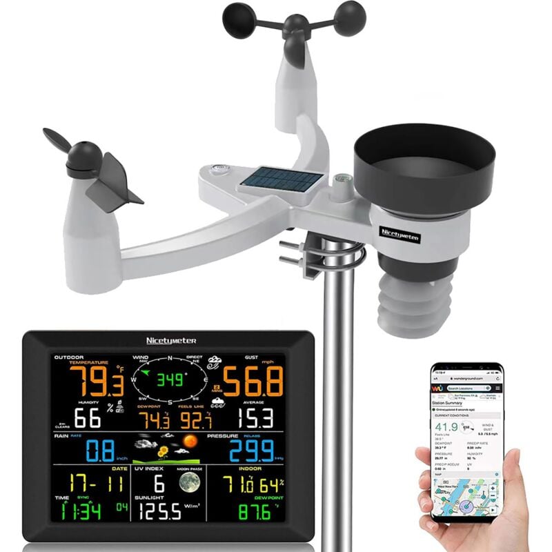 Station Météo, Station Météo WiFi avec Capteur Extérieur 7 en 1, Pluviomètre, Direction et Vitesse du Vent, WiFi + Capteur de Température et